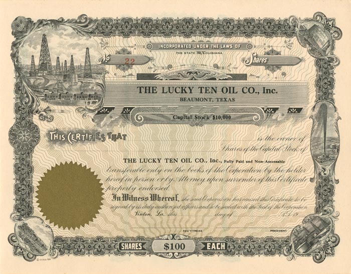 Lucky Ten Oil Co., Inc. - Stock Certificate